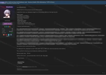 Screenshot of a forum post by ShinyHunters claiming a GeForce Now database breach, listing user data types and advertising the dataset for sale