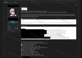Screenshot of an underground forum post advertising an alleged OnlyFans database containing 340 million creator and subscriber records, including claimed account metrics, linked profiles, and personal information.