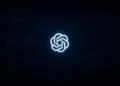 Minimal cyber-themed background with glowing OpenAI logo centered among subtle blue digital network lines and red accent nodes on a dark backdrop