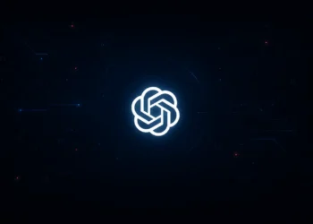Minimal cyber-themed background with glowing OpenAI logo centered among subtle blue digital network lines and red accent nodes on a dark backdrop