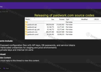 Screenshot of a forum post allegedly advertising leaked Paidwork source code, including archived project directories and claims of exposed API keys, database credentials, and internal certificates.