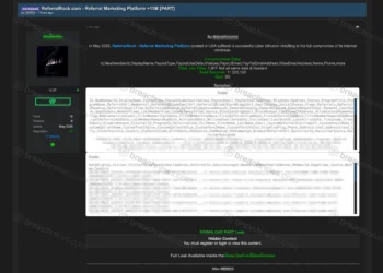 Screenshot of a forum post claiming ReferralRock suffered a data breach exposing more than 11 million records, including referral marketing data, customer information, and payout-related fields.