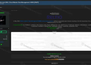 Screenshot of a forum post claiming Reltio’s cloud-native Master Data Management platform was breached, allegedly exposing 879,914 customer records from a 2022 database backup containing personal and medical-related data fields.