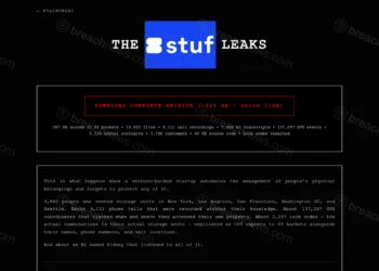 Screenshot of a threat actor leak page titled "The Stuf Leaks" advertising a downloadable 287GB archive allegedly containing customer data, call recordings, GPS logs, and source code.