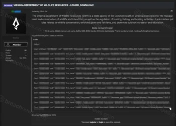 Screenshot of a forum post claiming to leak a Virginia Department of Wildlife Resources database containing personal information and hunting or fishing license records.