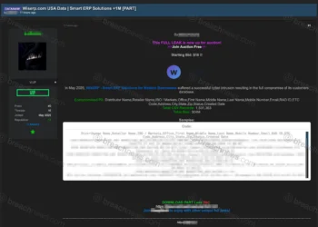 Screenshot of a forum post advertising an alleged WisERP database breach, claiming more than 1.5 million customer records were stolen and offered for auction, with blurred sample data shown as proof.