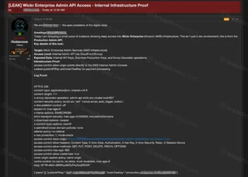 Screenshot of a forum post titled "Wickr Enterprise Admin API Access - Internal Infrastructure Proof." The post claims access to Wickr Enterprise administrative infrastructure and includes an alleged internal API response showing AWS related service references and administrative endpoint information. Sensitive credentials and infrastructure details have been redacted.