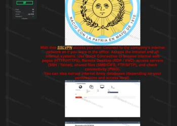 Redacted screenshot from a cybercrime forum post in which a threat actor claims access to a Fortinet SSL VPN environment allegedly associated with the Argentine Army. The image includes the Argentine Army emblem, screenshots of a VPN portal, and the actor’s description of purported internal network access capabilities. BreachNews has not independently verified the claim.
