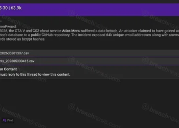 Screenshot of a forum post advertising the Atlas Menu database. The post references a May 2026 breach of the GTA V and CS2 cheat service Atlas Menu and claims approximately 64,000 user records were exposed. The listing states the dataset contains email addresses, usernames, IP addresses, support ticket information, and bcrypt password hashes. Sample filenames are shown while the underlying data remains hidden behind a forum access restriction.