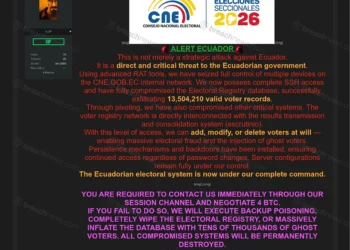 Screenshot of a forum post claiming unauthorized access to Ecuador's National Electoral Council (CNE) systems. The post alleges full SSH access to internal infrastructure, compromise of the electoral registry database, exfiltration of 13.5 million voter records, and the ability to alter voter data. Several supporting screenshots and a network architecture diagram are included alongside a ransom demand.