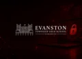 Graphic illustration depicting the Evanston Township High School ransomware incident. The image features the school’s logo alongside a red cybersecurity-themed background with a laptop displaying a padlock symbol, representing disrupted systems and ongoing recovery efforts.
