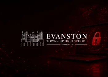 Graphic illustration depicting the Evanston Township High School ransomware incident. The image features the school’s logo alongside a red cybersecurity-themed background with a laptop displaying a padlock symbol, representing disrupted systems and ongoing recovery efforts.