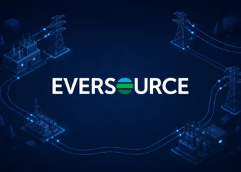 Illustration featuring the Eversource logo centered on a dark blue background, surrounded by interconnected electrical substations and transmission towers linked by glowing power lines, representing utility infrastructure and energy distribution networks.