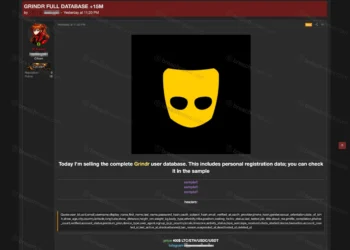 Screenshot of a forum post advertising the alleged sale of a Grindr database. The listing claims to contain more than 15 million user records and displays a sample of purported database fields, including account, profile, and location-related information.