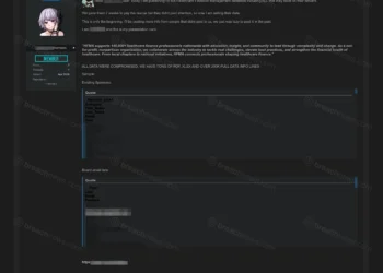Screenshot of a cybercrime forum post in which a threat actor claims to be selling a database allegedly stolen from the Healthcare Financial Management Association (HFMA). The post claims more than 200,000 records were compromised and includes redacted samples described as sponsor contact lists and board member email directories.