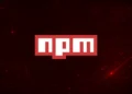 npm logo on a red cybersecurity-themed background with digital circuit patterns, network graphics, and abstract technology elements representing a software supply-chain attack.