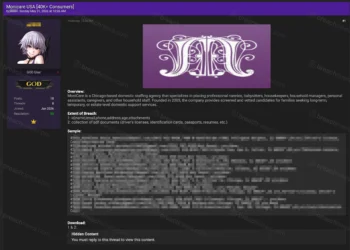 Screenshot of a forum post claiming a breach of MoniCare, a Chicago-based domestic staffing agency. The listing alleges exposure of more than 40,000 applicant records and references attached identity documents including driver’s licenses, passports, resumes, and other employment-related files.