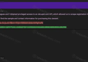 Redacted screenshot from a cybercrime forum post in which a newly created account claims to be selling an alleged OkCupid dataset containing 20 million user records. The post references purported API access, a sample dataset, and session-related information. Sensitive details have been obscured by BreachNews.
