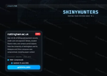 Screenshot of the ShinyHunters data leak site displaying an alleged University of Nottingham dataset. The listing claims more than 40 GB of data from the university and its Malaysia and China campuses, including billing records, payment information, student finance data, and campus portal exports. The entry shows a SHA-256 checksum, a compressed archive size exceeding 19 GB, an update date of 10 June 2026, and a download button.